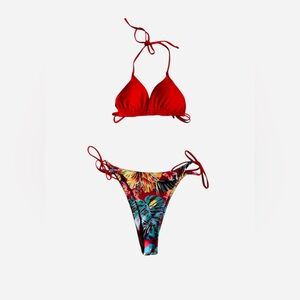 Red Triangle Bikini Top with Tropical Tie-Side Bottom - Women Swim